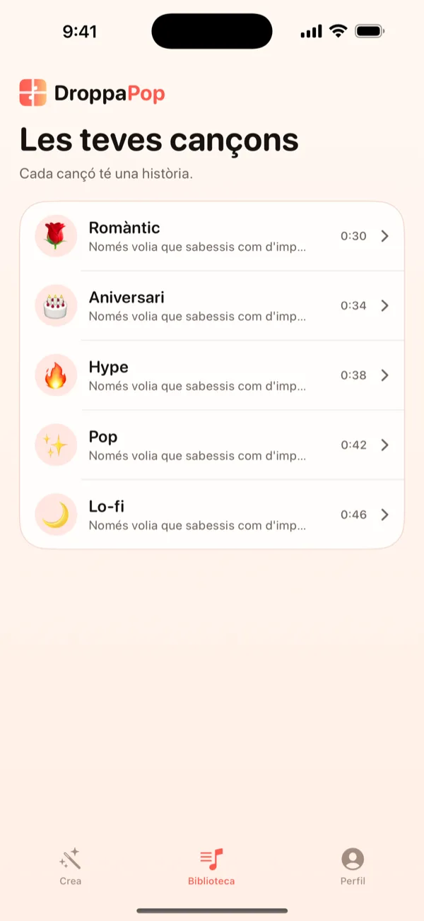 Pantalla de biblioteca de DroppaPop amb cinc petites cançons i els emojis dels seus vibes.