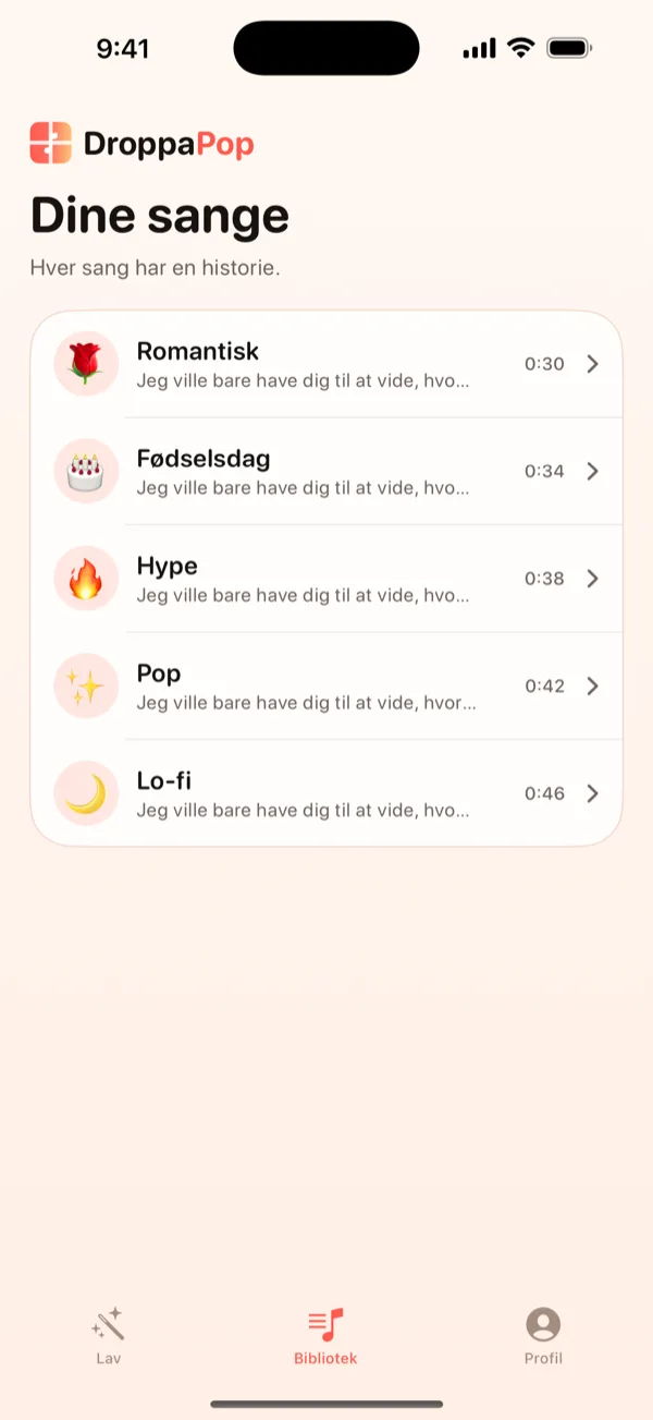 DroppaPop-biblioteksskærm med fem små sange og stemnings-emojis.