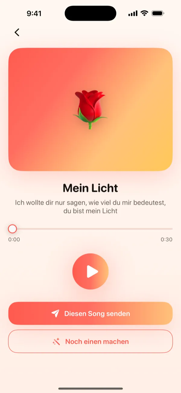 DroppaPop-Vorschau-Bildschirm mit dem fertigen Song, Wiedergabe-Knopf und „Song senden“-CTA.