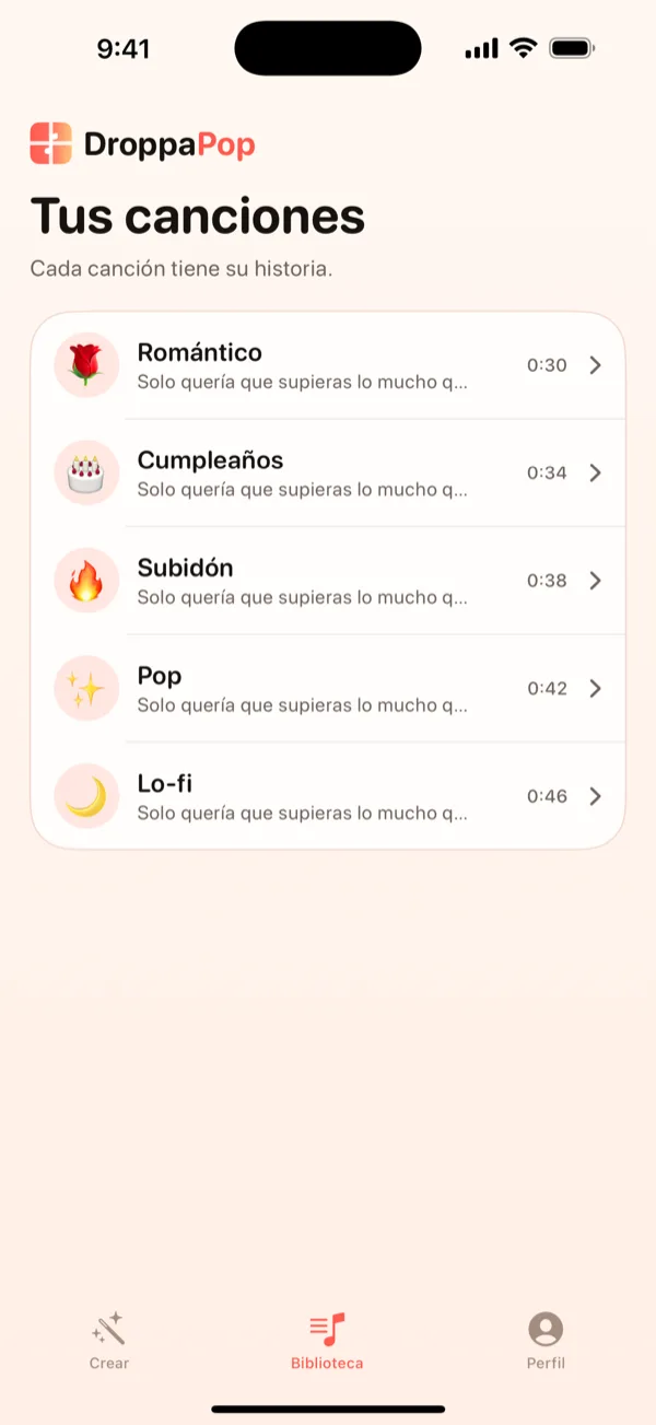 Pantalla de biblioteca de DroppaPop con cinco canciones diminutas y sus emojis de vibe.