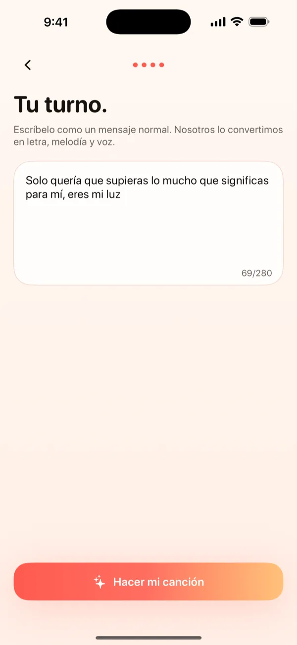 Pantalla Crear de DroppaPop mostrando un mensaje de aniversario escrito y el vibe Pop seleccionado.