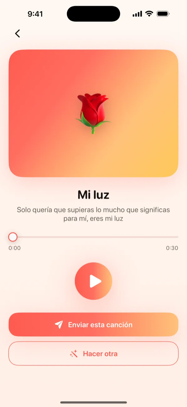 Pantalla Vista previa de DroppaPop mostrando la canción terminada con el botón de reproducir y el botón Enviar esta canción.