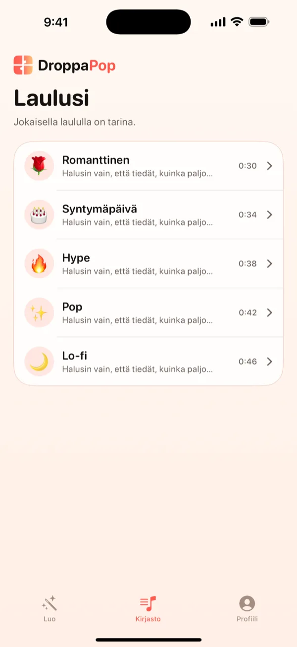 DroppaPopin Kirjasto-näkymä, jossa on lueteltu viisi pientä laulua tunnelmaemojeilla.