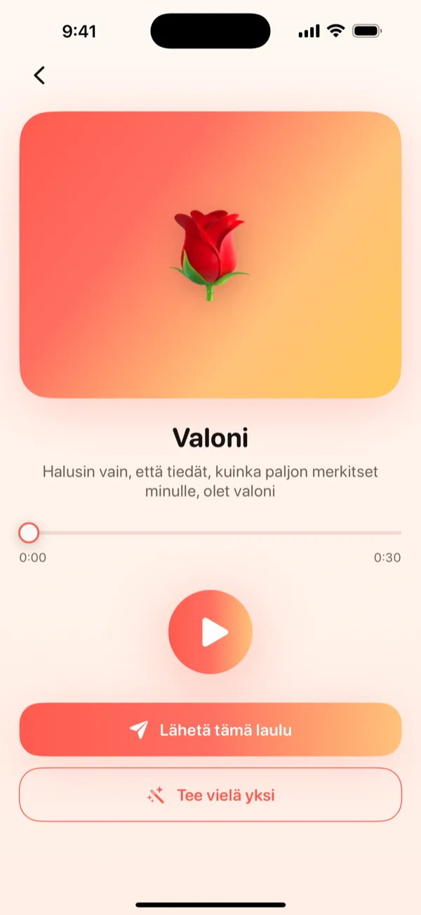 DroppaPopin Esikatselu-näkymä, jossa näkyy valmis laulu, toistopainike ja Lähetä tämä laulu -kehotus.