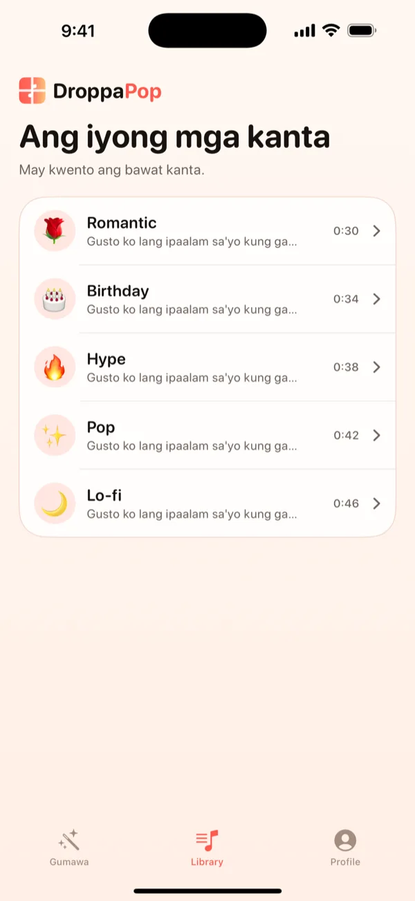 DroppaPop Library screen na naglilista ng limang munting kanta na may mga vibe emoji.