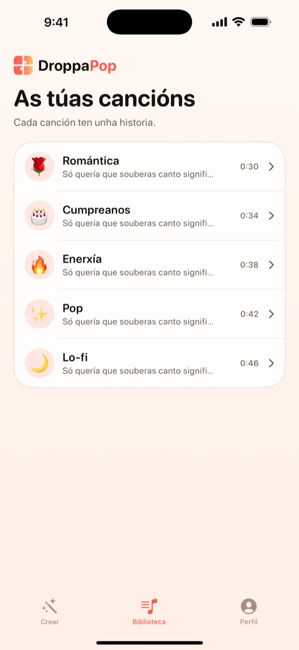 Pantalla Biblioteca de DroppaPop listando cinco pequenas cancións con emojis de estilo.