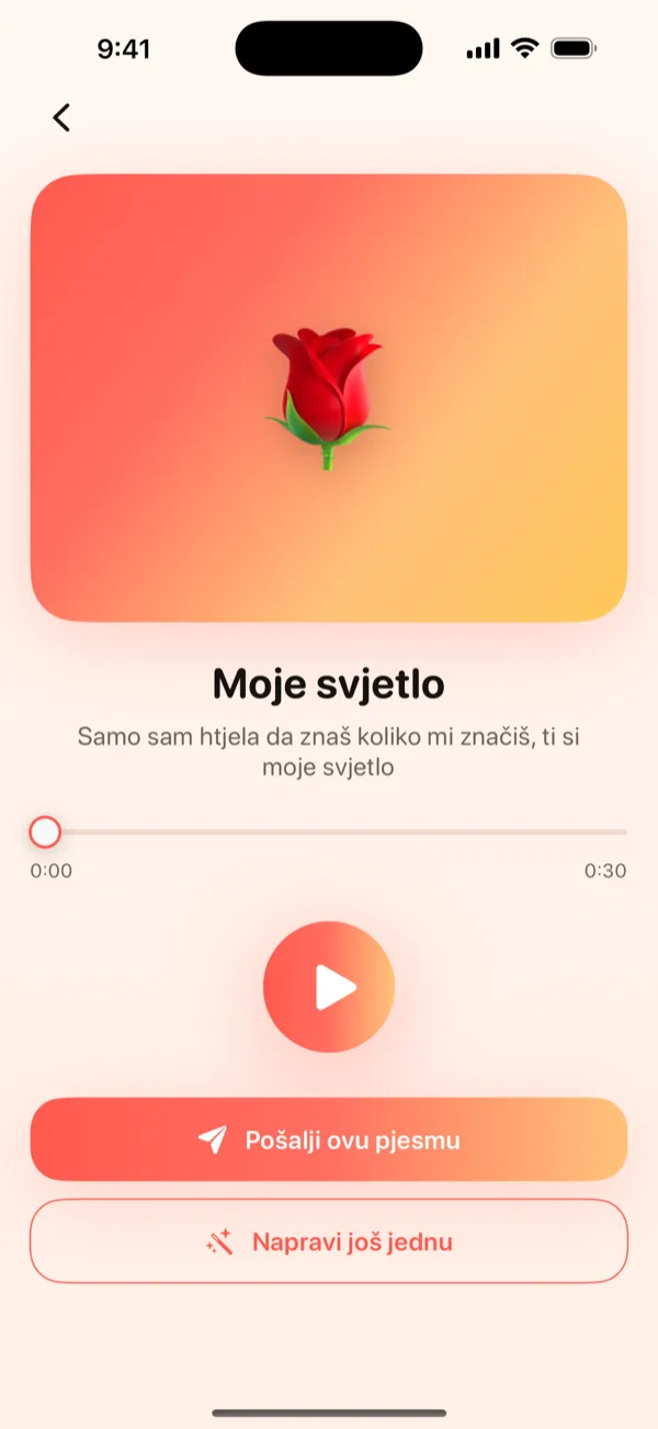 DroppaPop ekran za pregled s gotovom pjesmom, gumbom za reprodukciju i pozivom na akciju Pošalji pjesmu.