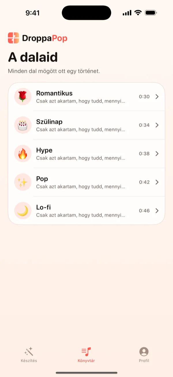 DroppaPop Könyvtár képernyő öt apró dal listájával és hangulat-emojikkal.