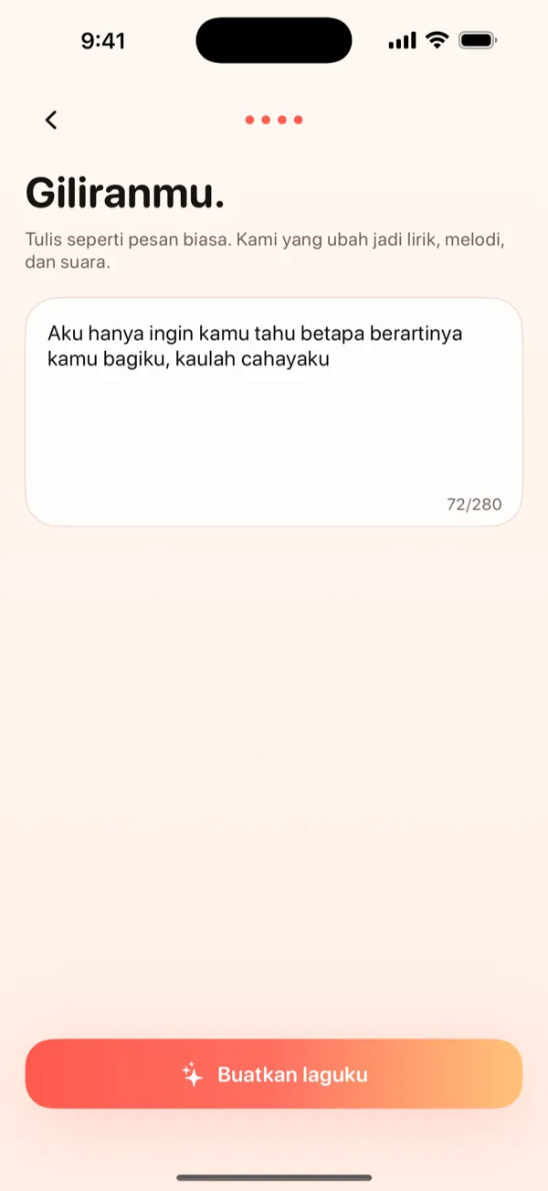Layar Buat DroppaPop menampilkan pesan ulang tahun pernikahan yang diketik dan vibe Pop yang dipilih.