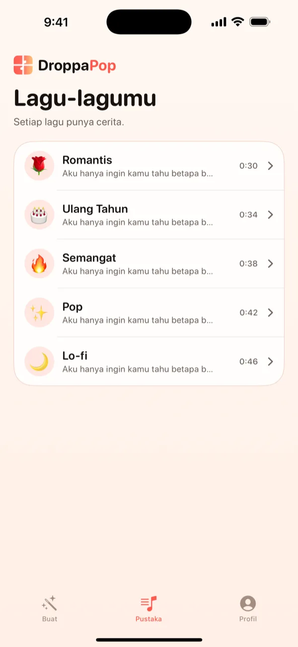 Layar Pustaka DroppaPop menampilkan lima lagu mungil dengan emoji vibe.
