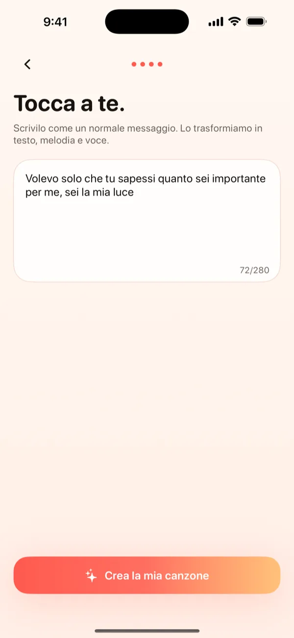 Schermata Crea di DroppaPop con un messaggio d'anniversario scritto e la vibe Pop selezionata.