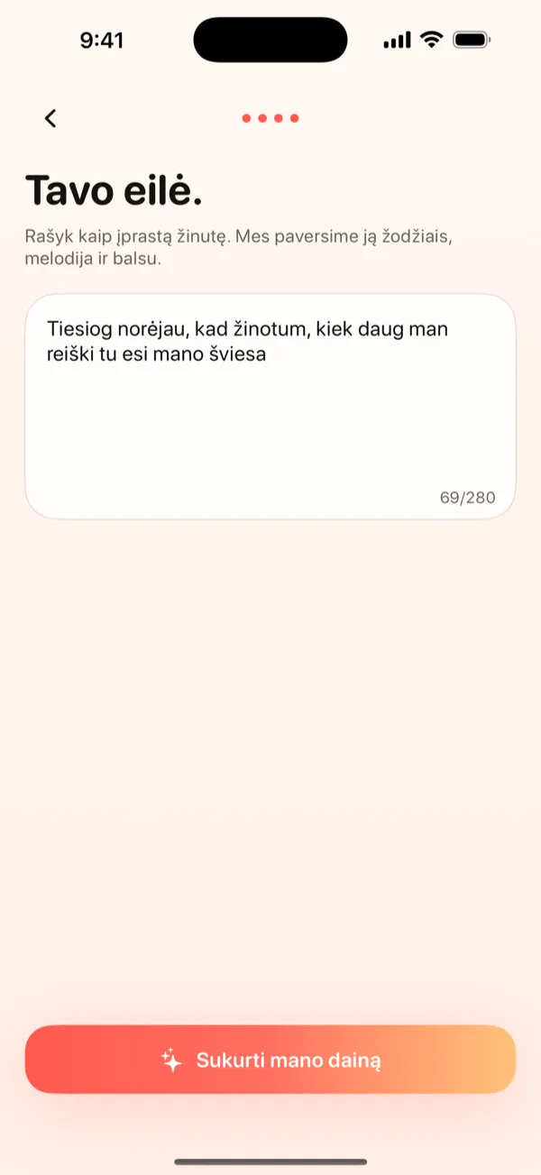 DroppaPop kūrimo ekranas su įrašyta sukakties žinute ir pasirinkta Pop nuotaika.