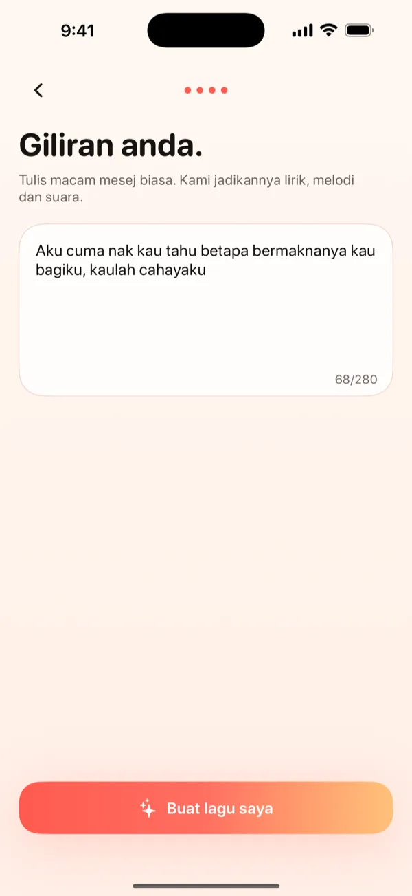 Skrin Cipta DroppaPop menunjukkan mesej ulang tahun yang ditaip dan vibe Pop dipilih.