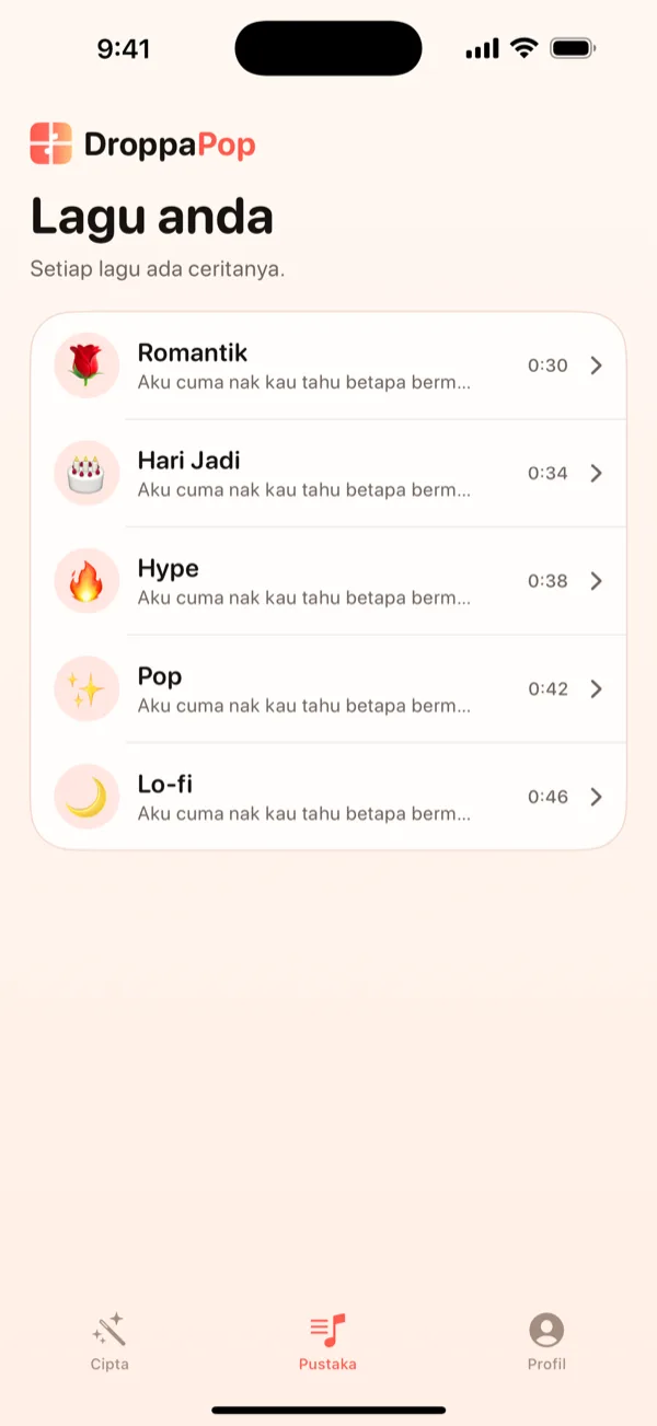 Skrin Perpustakaan DroppaPop menyenaraikan lima lagu mungil dengan emoji vibe.