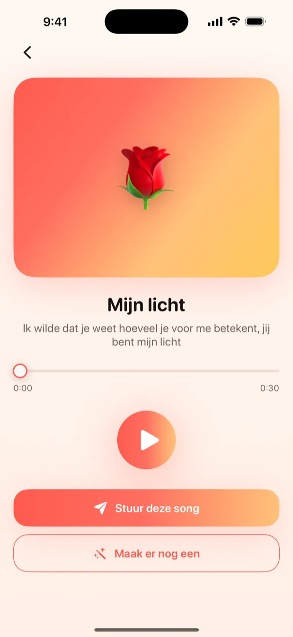 DroppaPop Voorbeeld-scherm met het afgemaakte liedje, afspeelknop en de knop Stuur dit liedje.