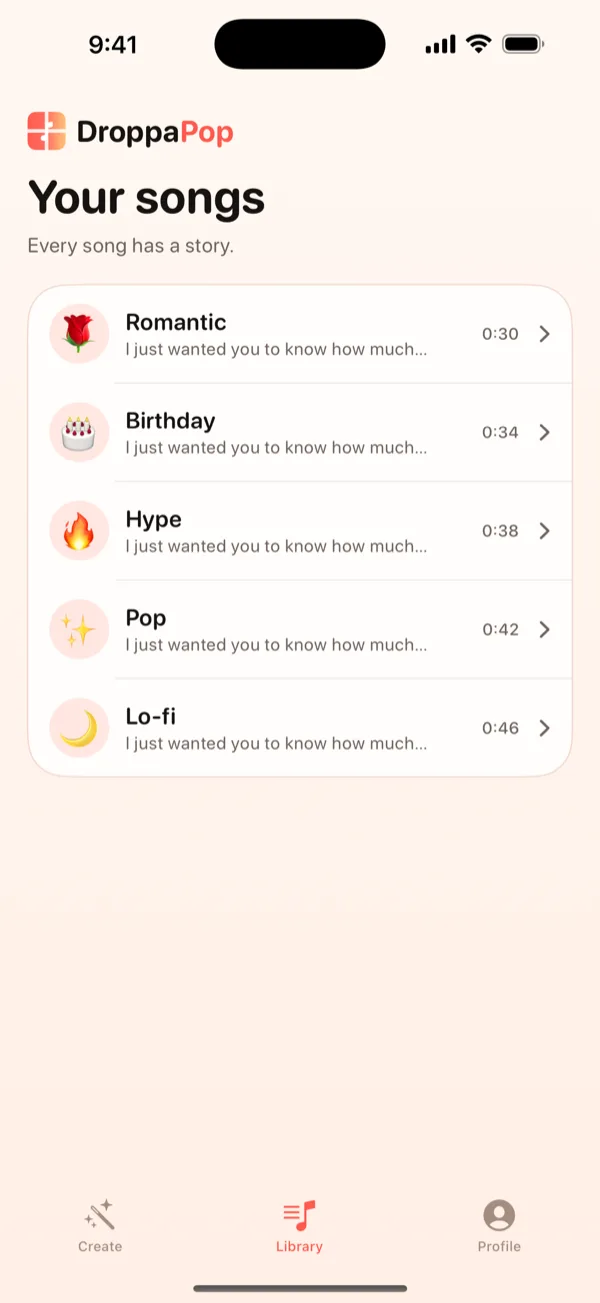 DroppaPop Bibliotek-skjerm som lister fem små sanger med stemnings-emojier.