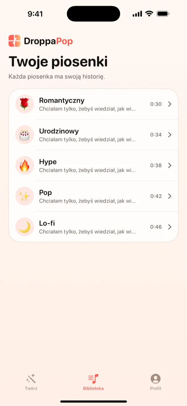 Ekran biblioteki DroppaPop z listą pięciu małych piosenek i emoji klimatów.