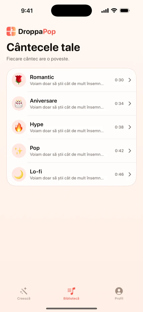Ecranul de bibliotecă DroppaPop care listează cinci cântece mici cu emoji-uri de vibe.
