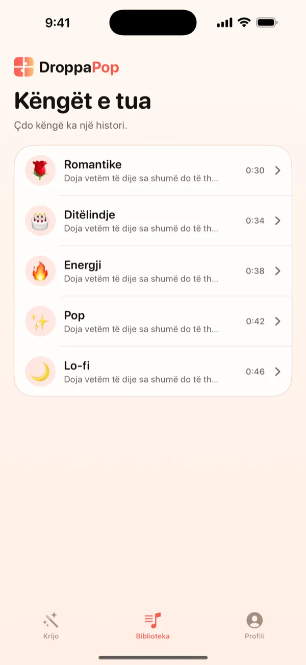 Ekrani Biblioteka i DroppaPop që rendit pesë këngë të vogla me emoji vibe-sh.