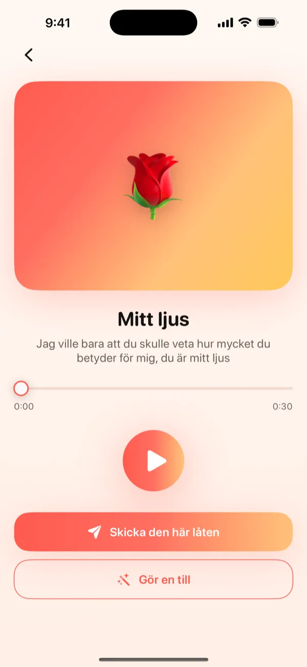 DroppaPops Förhandsvisning-skärm som visar den färdiga sången med uppspelningsknapp och Skicka-knapp.