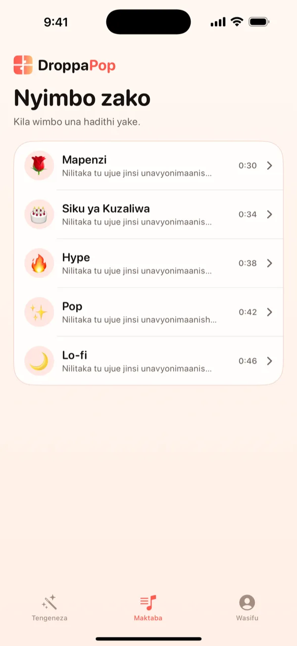 Skrini ya Maktaba ya DroppaPop ikiorodhesha nyimbo ndogo tano zenye emoji za hali.