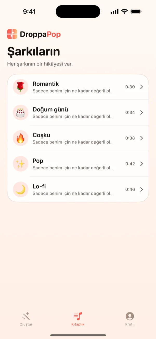 Hava emojileriyle beş minik şarkıyı listeleyen DroppaPop Kitaplık ekranı.