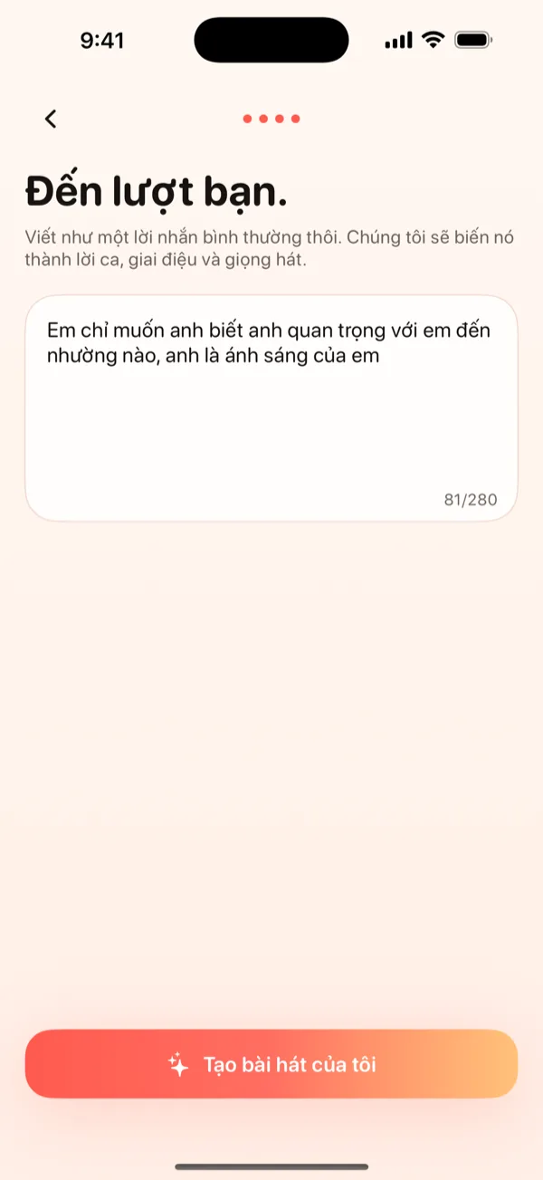 Màn hình Tạo của DroppaPop hiển thị lời nhắn kỷ niệm đã gõ và vibe Pop được chọn.