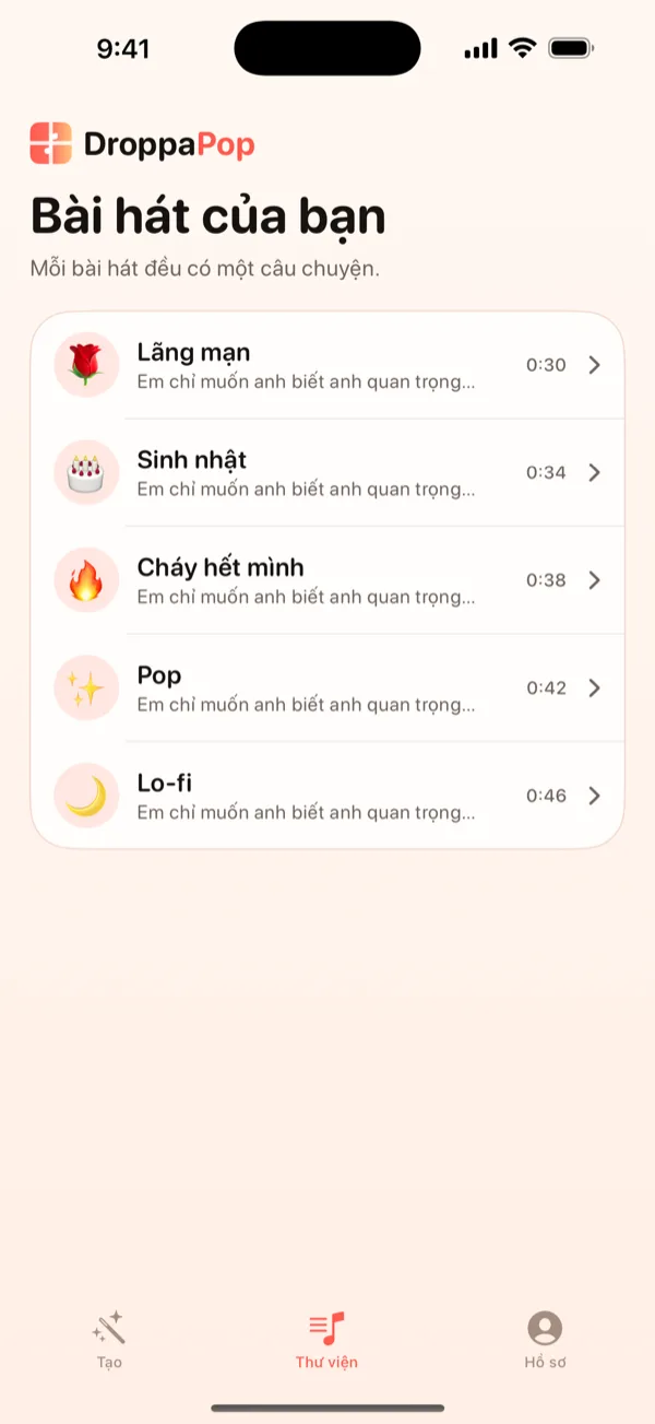 Màn hình Thư viện của DroppaPop liệt kê năm bài hát nhỏ với biểu tượng cảm xúc của vibe.