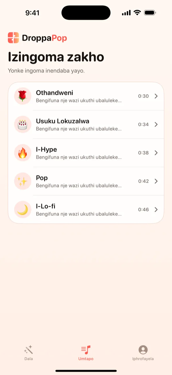 Isikrini se-DroppaPop Library esibhala izingoma ezincane ezinhlanu ezinama-emoji esimo.