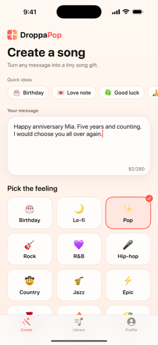 DroppaPop Create screen showing a typed anniversary message and the Pop vibe selected.