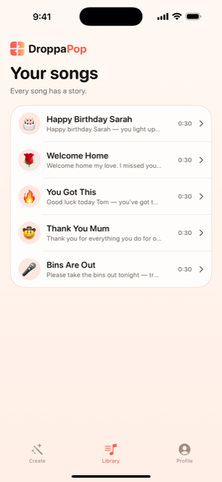 DroppaPop Library screen listing five tiny songs with vibe emojis.