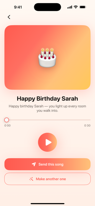 DroppaPop Preview screen showing the finished song with play button and Send this song CTA.